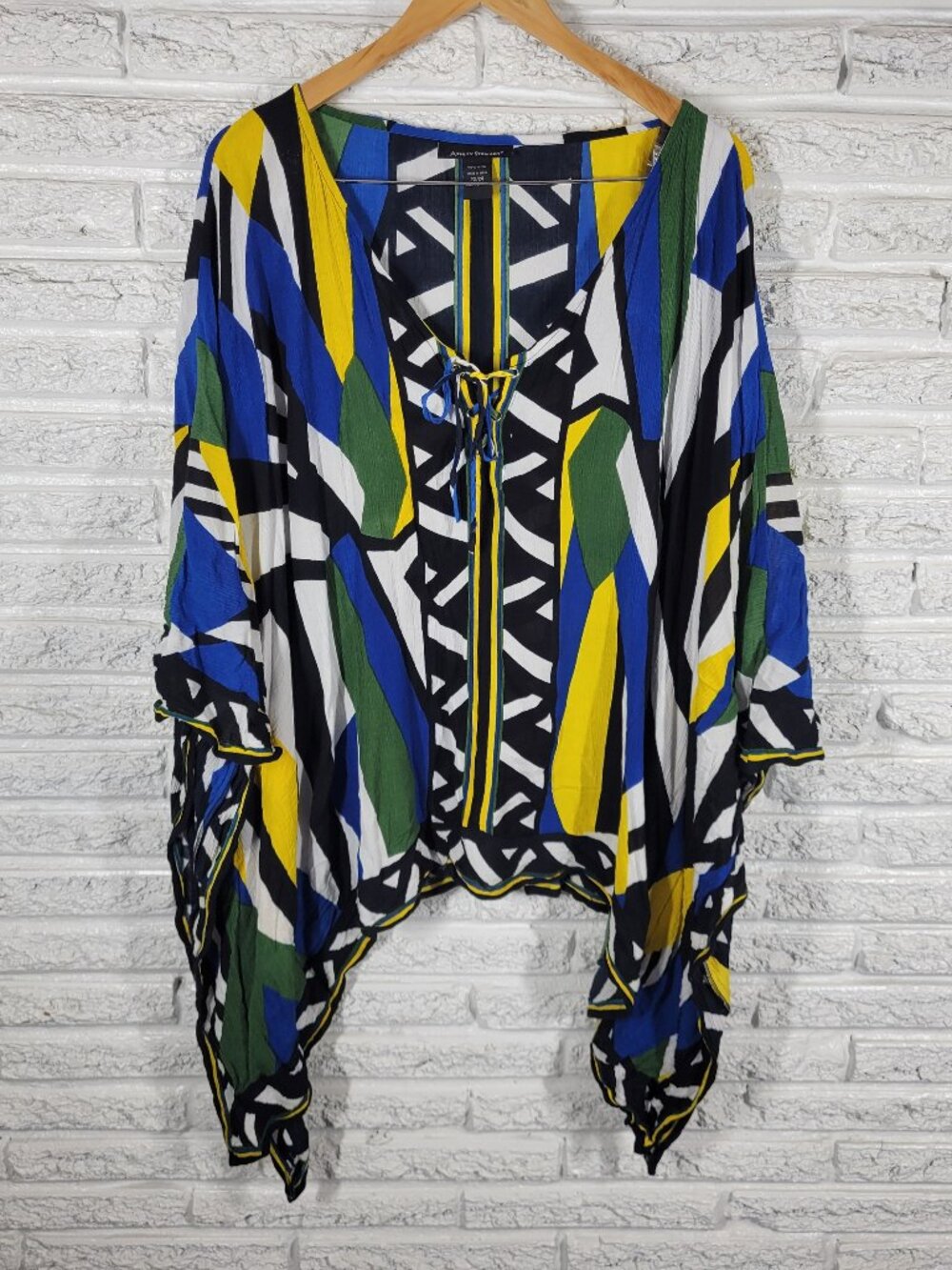 Ashley Stewart Womens 22/24 Poncho Kimono Top Lace Up Geometric Blouse GEO167E